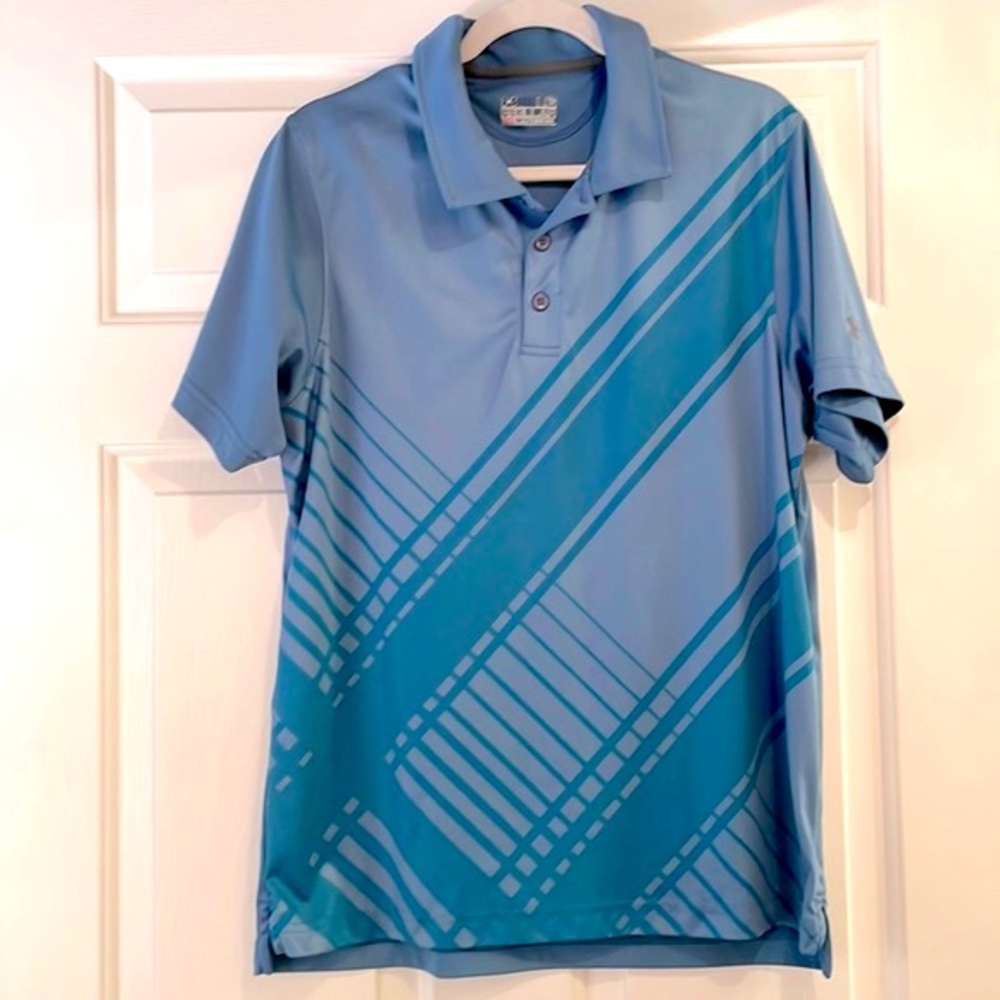 ⭐️SOLD- Men’s Under Armour Blue Striped Regular Heatgear Polo - size Large - Picture 1 of 12